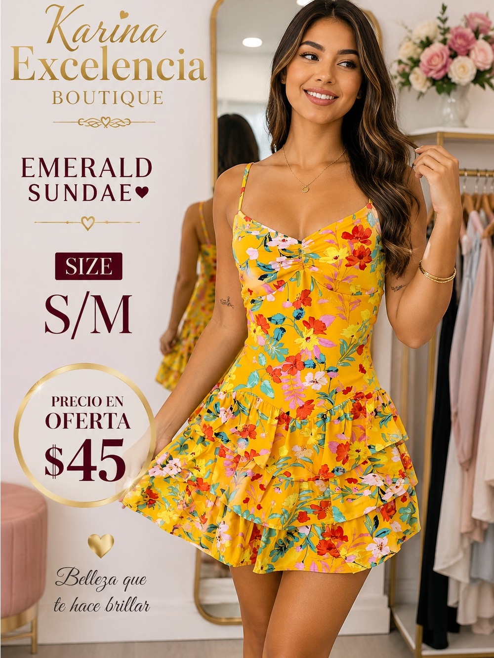 Emerald Sundae Yellow Floral Tiered Mini Dress